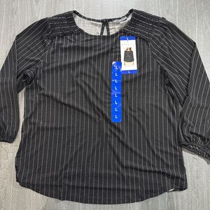 Adrianna Papell Women's 3/4 Sleeve Stretch Smocked Shoulder Blouse, Black, L NWT